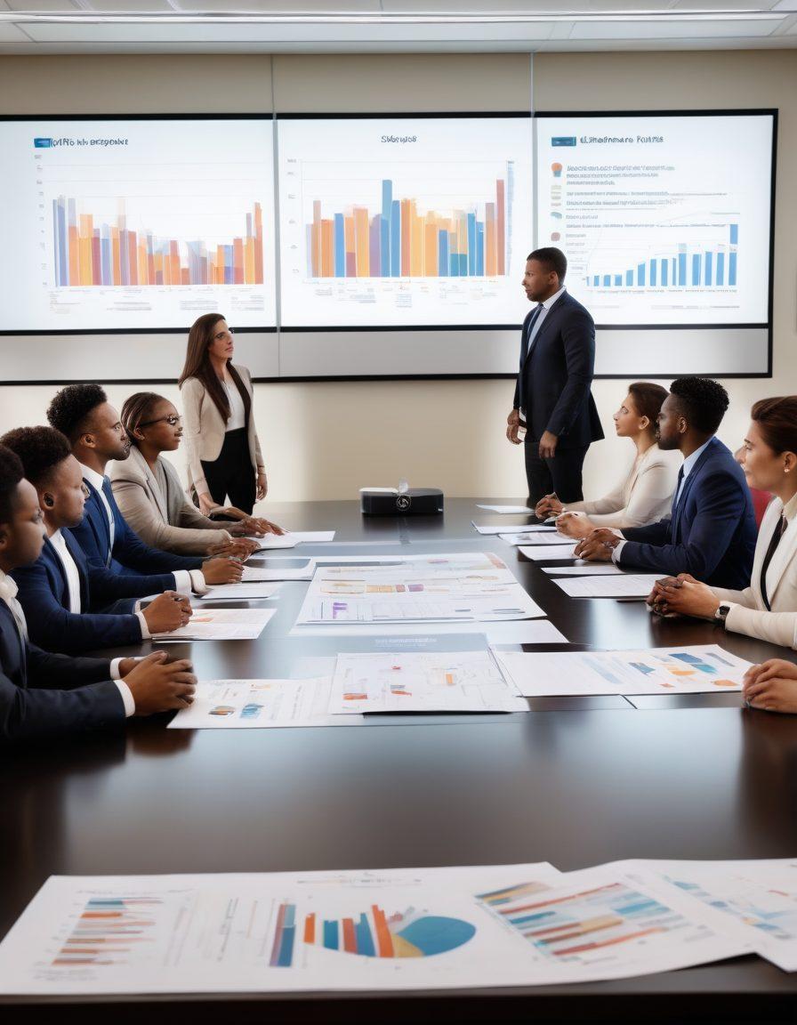A dynamic scene showcasing a diverse group of professionals engaged in rigorous discussions around a large table filled with evaluation charts, government contracts, and performance metrics. The background features a modern conference room with a projector displaying key performance indicators. Include visual elements like a ‘Success’ graph, government insignia, and diverse ethnicities among the contractors to emphasize inclusivity. The atmosphere should reflect collaboration and professionalism. super-realistic. vibrant colors. modern office setting.