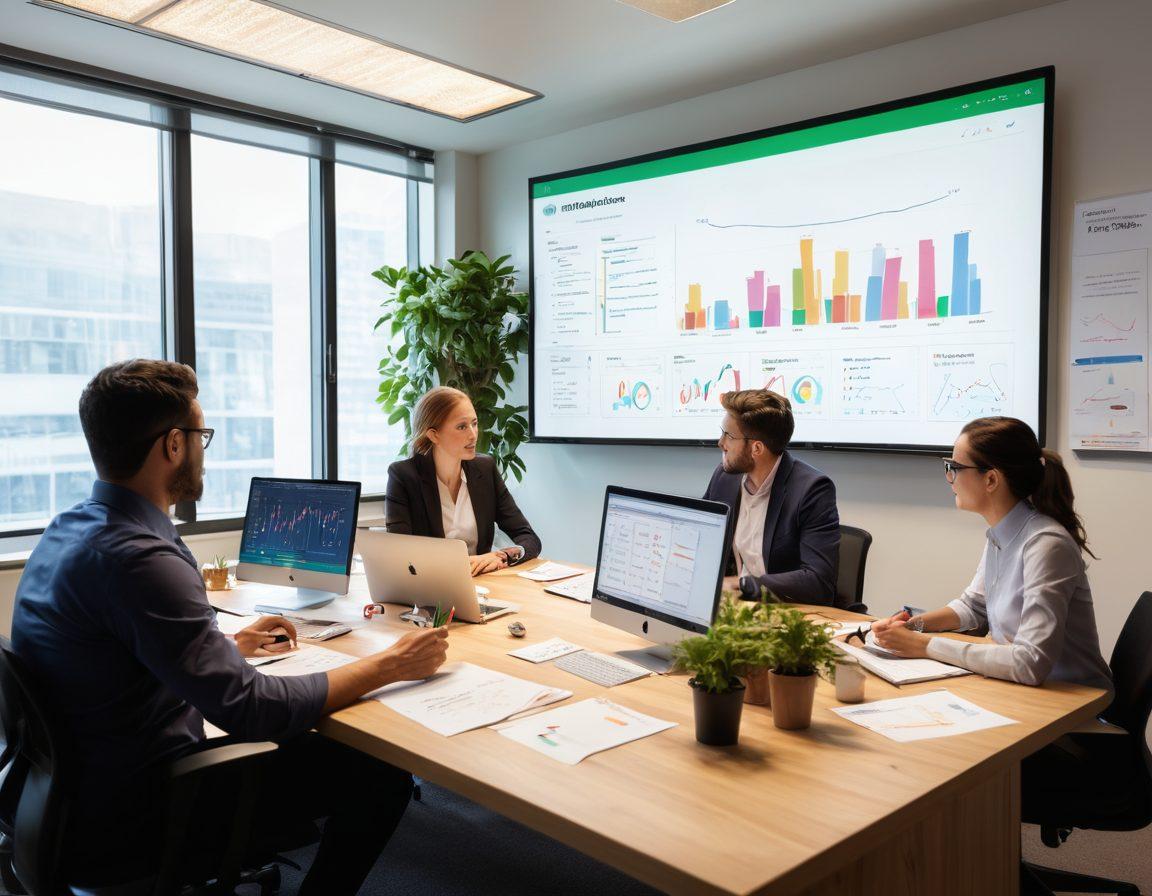 A serene office environment with a diverse group of professionals engaged in a lively discussion around performance evaluation metrics. Highlight a large, transparent chart displaying compliance rates and key performance indicators on a screen. Include a whiteboard filled with colorful diagrams and sticky notes, symbolizing brainstorming and collaboration. The setting is well-lit with plants and modern furniture to create a welcoming atmosphere. super-realistic. vibrant colors. soft lighting.