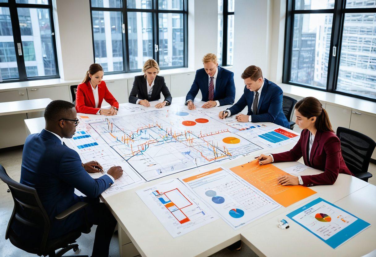 A government office setting with diverse professionals collaborating over large blueprints and contracts, surrounded by paperwork and charts. Emphasize teamwork and efficiency with a digital clock showing time management. Include elements representing assessment tools, such as checklists and graphs. Make it visually appealing with a modern, organized layout. super-realistic. vibrant colors. white background.